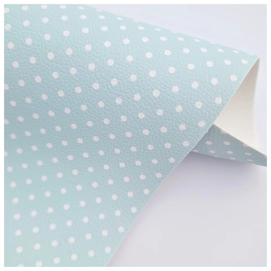 Pale Aqua & White Polka Dots Litchi Leather