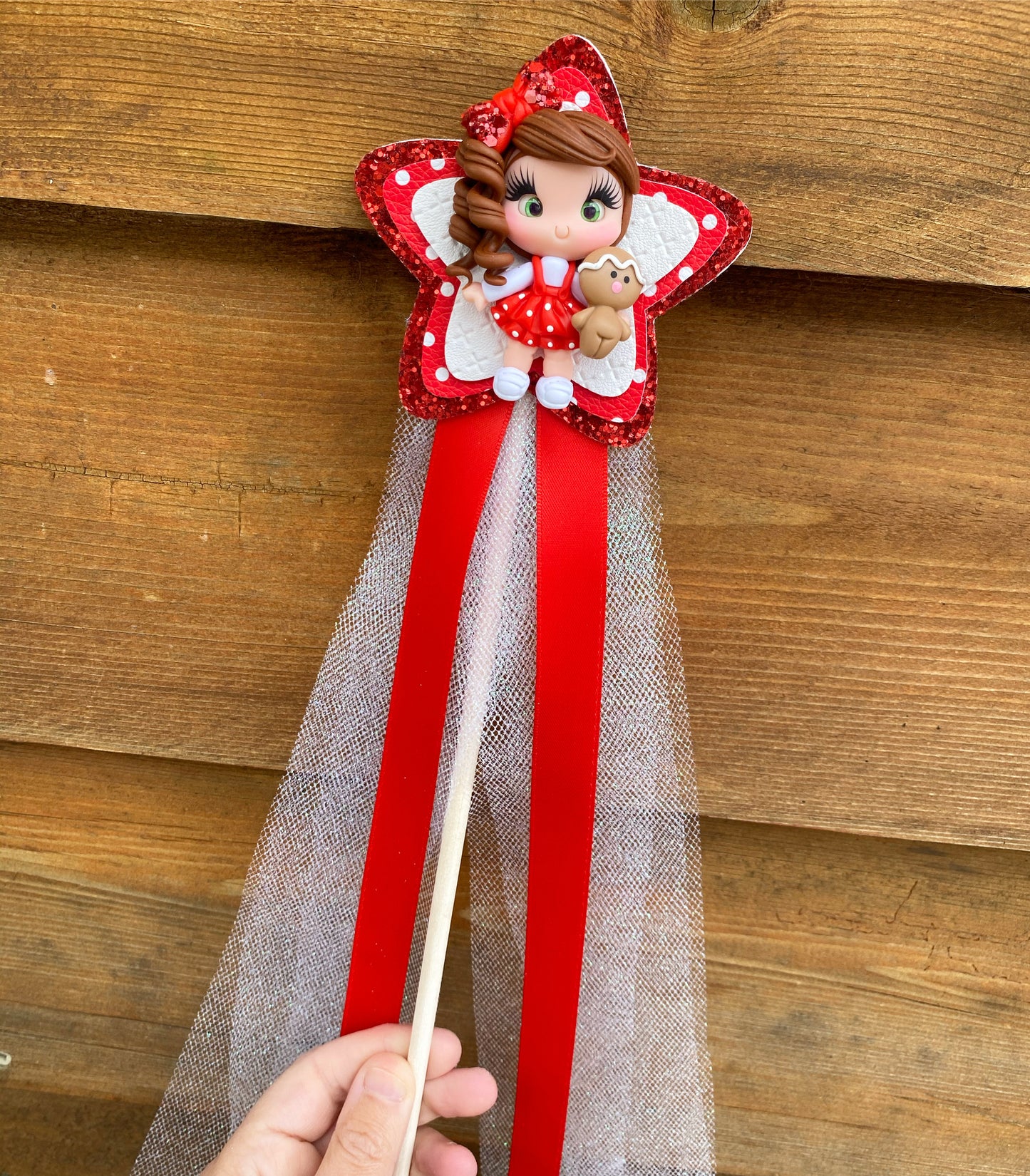OOAK Red Christmas Girl Clay Wand