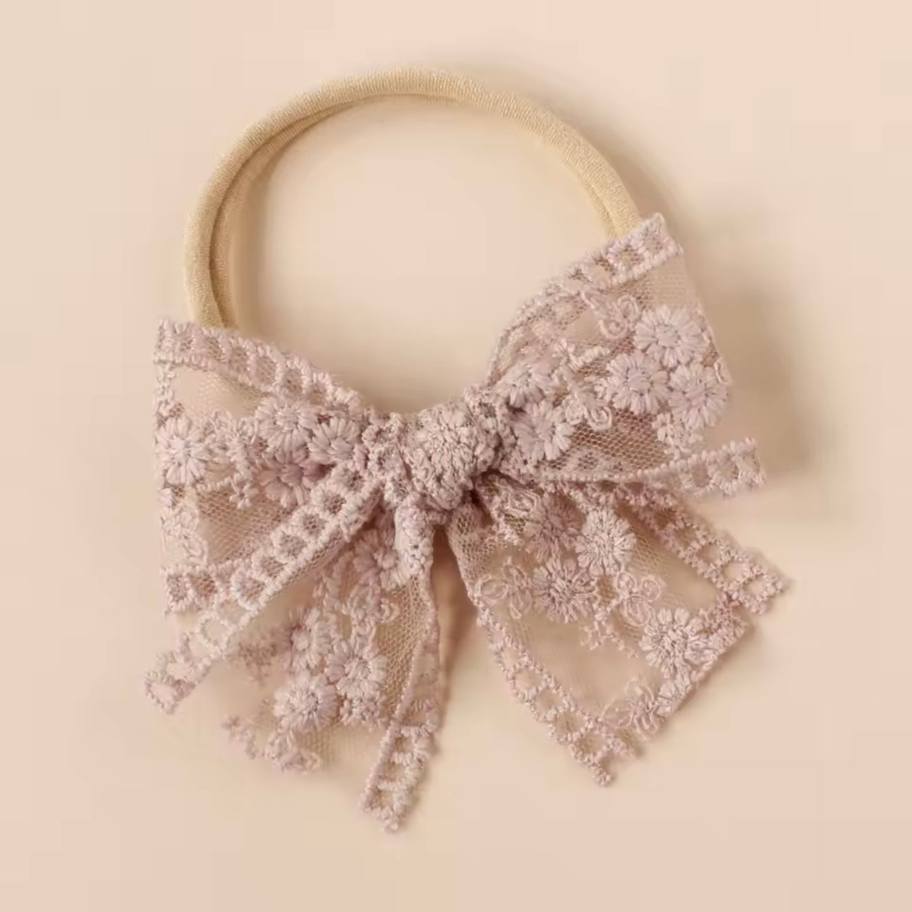Embroidered Lace Bow on Nylon Headband// Pink