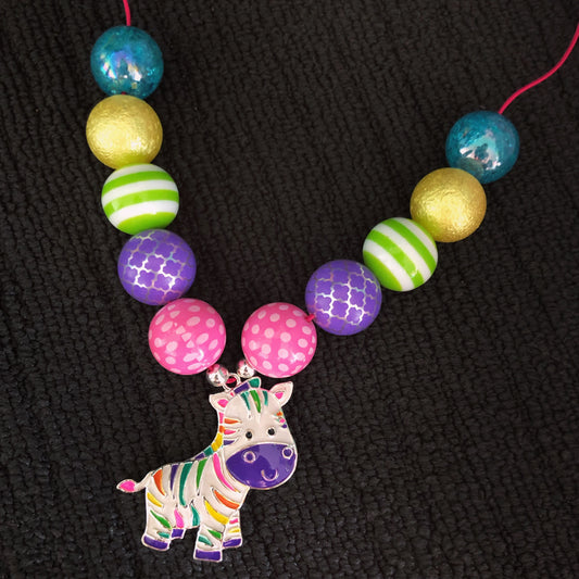 Rainbow Zebra Pendant Bubblegum Necklace