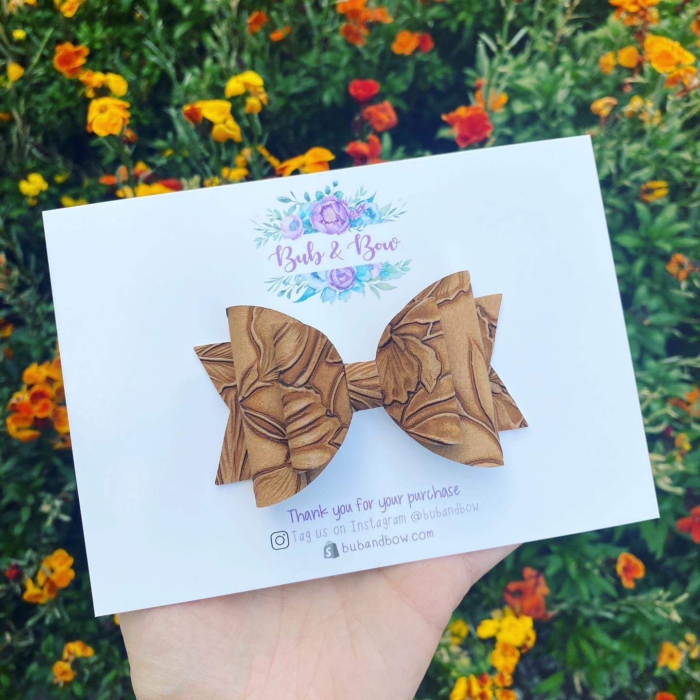 Large Floral Embossed Dolly bow (Tan)