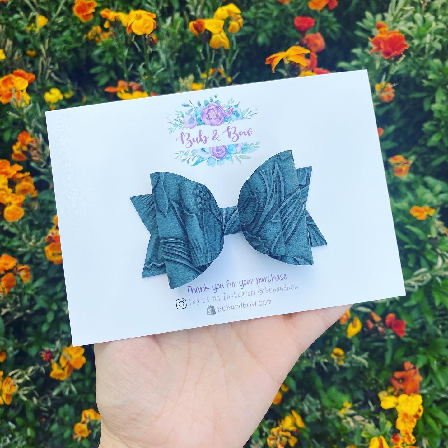 Large Floral Embossed Dolly bow (Navy)