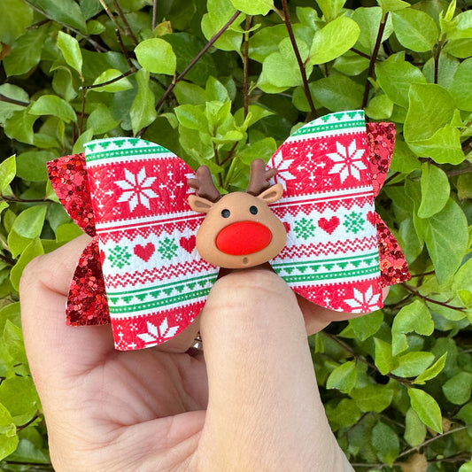 Reindeer Embellished Christmas Sweater Bow