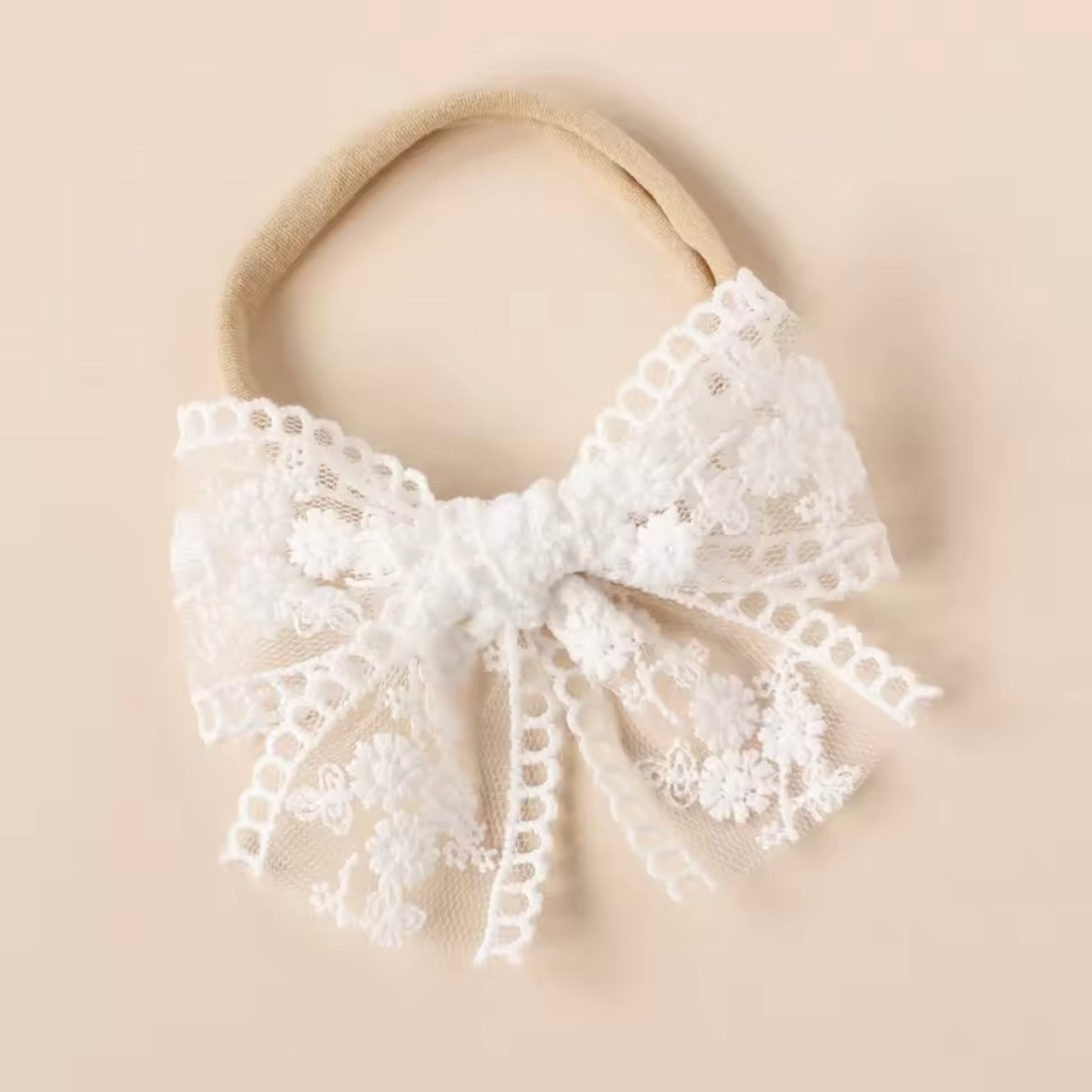 Embroidered Lace Bow on Nylon Headband// White