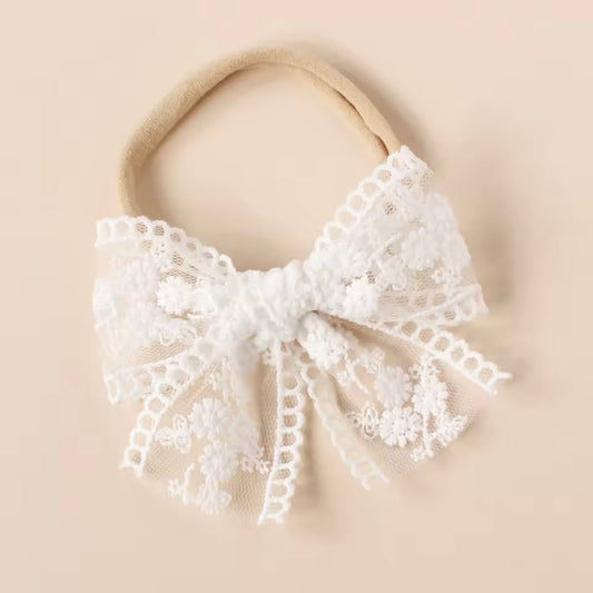 Embroidered Lace Bow on Nylon Headband// White