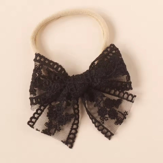 Embroidered Lace Bow on Nylon Headband// Black