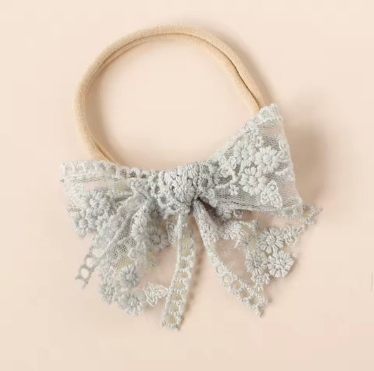Embroidered Lace Bow on Nylon Headband// Grey