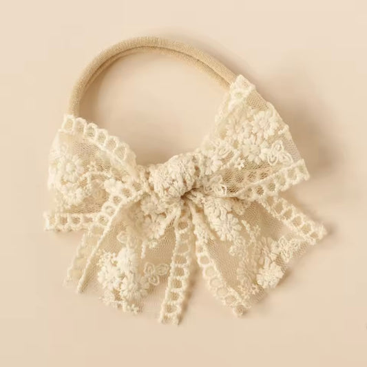 Embroidered Lace Bow on Nylon Headband// Beige