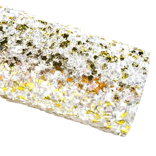 Glam Ice Chunky Glitter Fabric - White and Gold