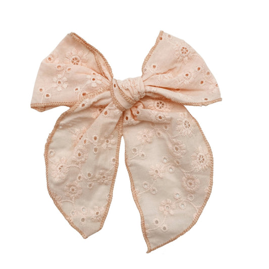 Peachy Pink Embroidered Fabric Bow